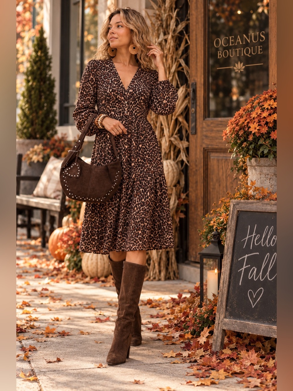 🆕Leopard Print V-Neck Long Sleeve Dress - Brown